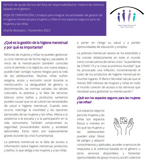 HOJA DE ORIENTACIÓN: Consejos para integrar las actividades de gestión de la higiene menstrual para mujeres y niñas en los espacios seguros para las mujeres y las niñas