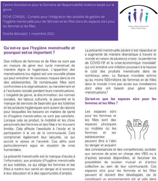 FICHE CONSEIL : Conseils pour l'intégration des activités de gestion de l'hygiène menstruelle pour les femmes et les filles dans les espaces sûrs pour les femmes et les filles