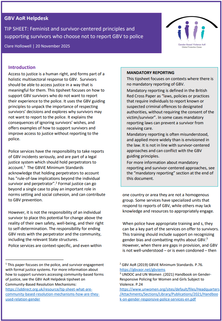 Tip Sheet: Feminist and survivor-centered principles and supporting survivors who choose not to report GBV to police