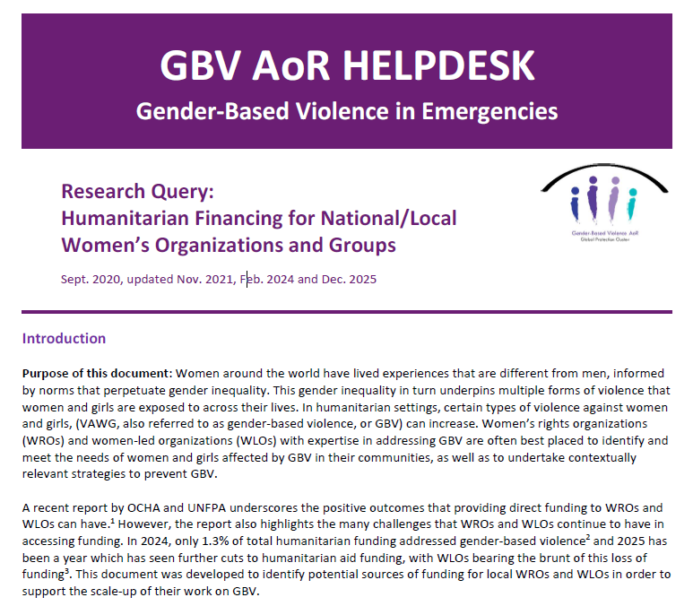 An image of the front page of the report, showing the header with "GBV AoR Helpdesk" and the first two paragraphs.
