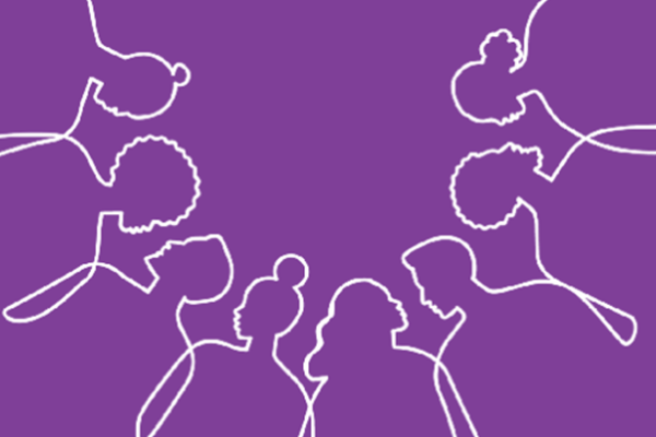 Purple background, white line drawing of people working together